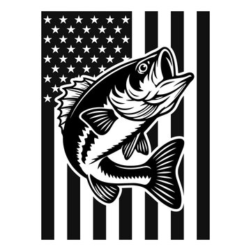 Vector illustration of a jumping bass fish superimposed over a stylized american flag with stars and stripes