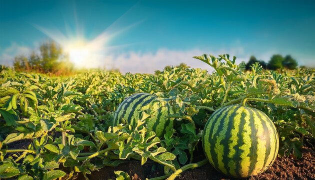 fresh organic watermelon growing on a vine in a sunny agricultural field during a bright summer day in the countryside