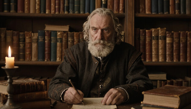 Old scholar writing historical document in candlelit library