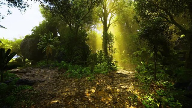 Sunlit leaf litter trail winding through jungle ferns, dappled light on soil, subtle textures, inviting pathway for exploration and outdoor adventure concepts