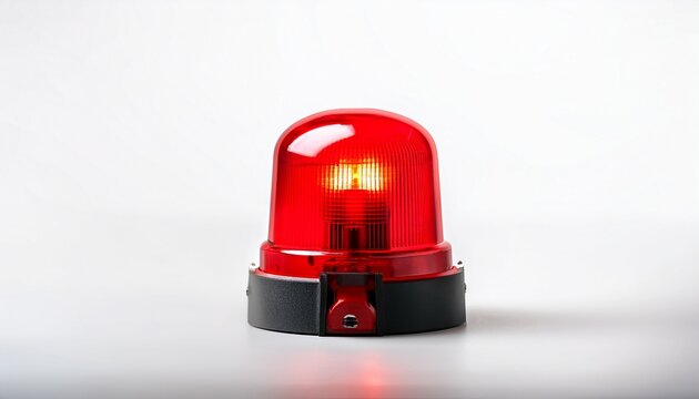 red warning siren flashing emergency alarm light signaling danger and security alert on white background