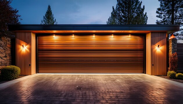 modern garage door a sleek and stylish modern garage door with wooden accents illuminated by warm light strips offering a contemporary design solution for any home