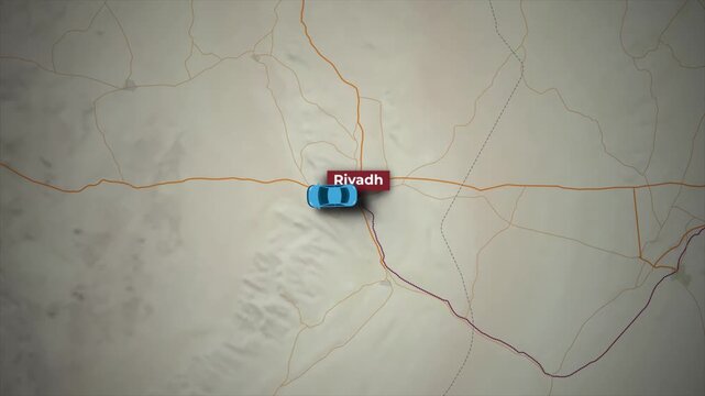 Map Animation of Car Traveling from Riyadh to Jeddah Saudi Arabia