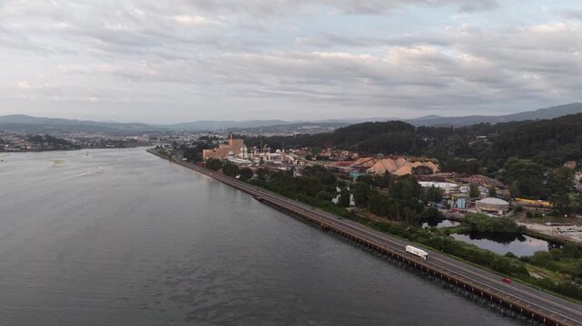 Aerial view of ENCE pulp mill on Pontevedra estuary