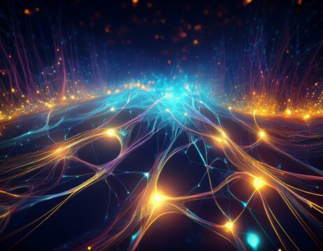 bioluminescent network of energy pathways with sparkling light particles