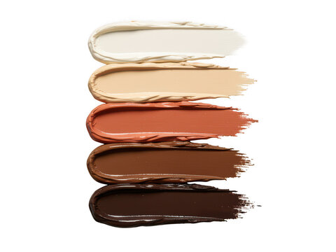 Five shades of liquid foundation makeup swatches isolated on a white background