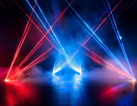 dramatic laser show a mesmerizing display of vibrant blue and red laser beams cuts through atmospheric smoke illuminating a dark reflective floor