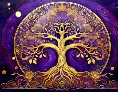 a purple and golden color painting of tree of life
