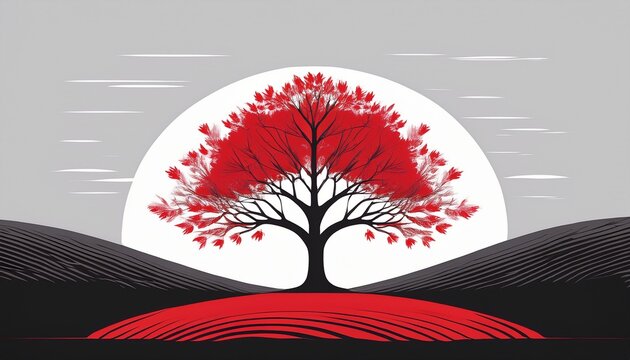 red tree in black and white landscape