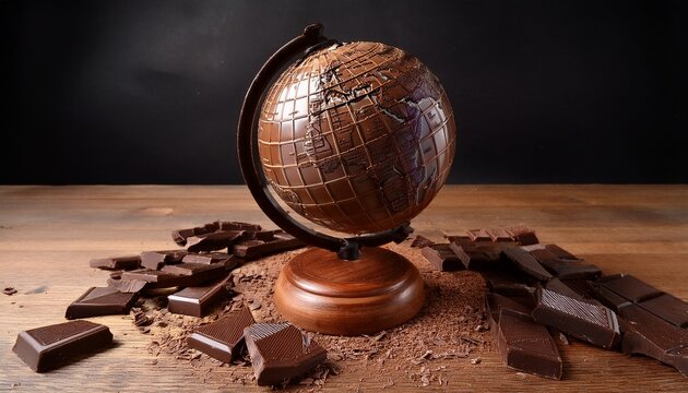 a detailed chocolate globe sculpture resting on a wooden stand surrounded by scattered broken pieces of dark chocolate