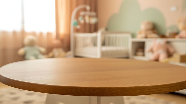 Empty wooden table foreground with blurred baby nursery background interior background foreground