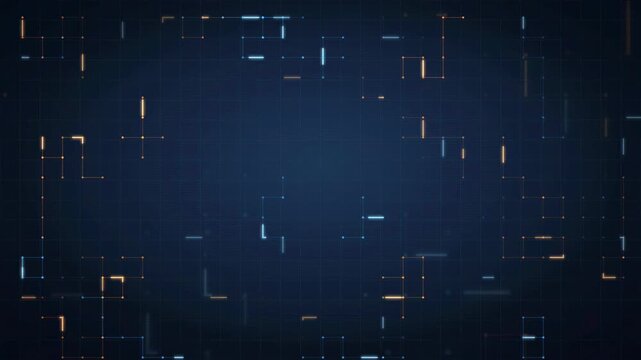 Abstract digital data stream with glowing blue and orange particles on dark blue background
