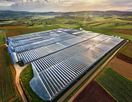 aerial view of agricultural facility an expansive greenhouse complex nestled amidst rolling fields and rural landscape showcases modern agricultural infrastructure