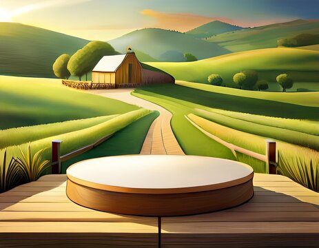 empty podium against a green farm background for product presentation mockup platform with a village house and a road