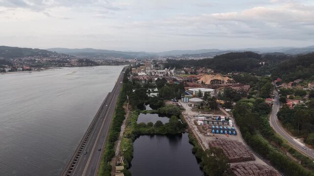 Drone panorama of pulp industry in Pontevedra Spain