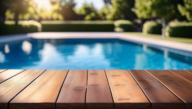 wooden outdoor table edge in focus beside a vibrant blurred swimming pool with sparkling blue water and soft bokeh reflections in background