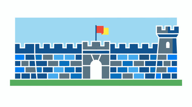 Medieval stone castle wall with gate and tower flat vector illustration