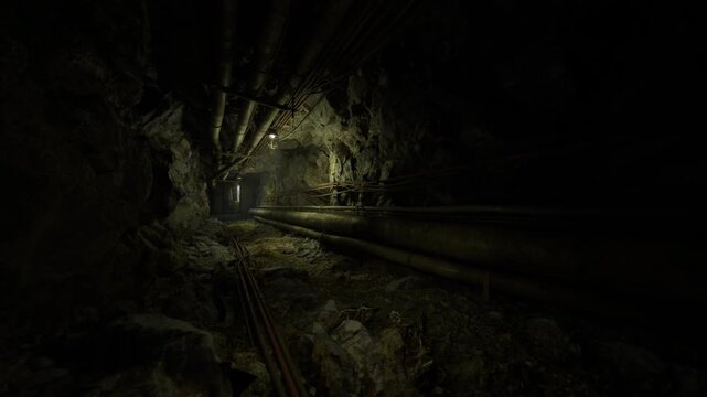 Narrow utility corridor with pipes and cables, single lamp revealing wet floor and rusted flanges, maintenance vibe with inspection potential, tense industrial