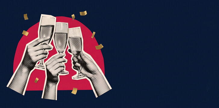 Female friends toasting with champagne in retro paper collage, International Women&rsquo;s Day panoramic banner with copy space