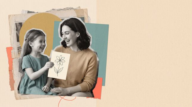Mother and daughter celebrating together in editorial paper collage, International Women&rsquo;s Day family banner with copy space