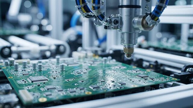Robotic arm spraying protective coating on electronic circuit board. Automated assembly line process for semiconductor device manufacturing and high tech industry.