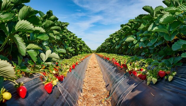 center row perspective of a large strawberry farm neat rows of strawberry plants with green leaves and ripe red strawberries