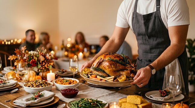 A chef serves a delicious roasted turkey at a festive dinner party to wish everyone a very happy halloween and great joy