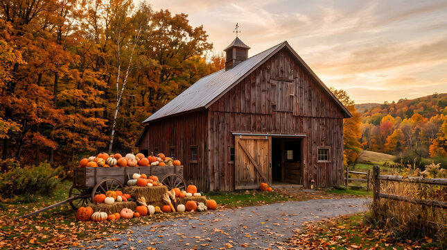 Rustic red barn adorned with vibrant fall pumpkins hay bales on a scenic dirt road under a warm golden autumn sunset a quintessential farm scene rich with colorful foliage and cozy harvest