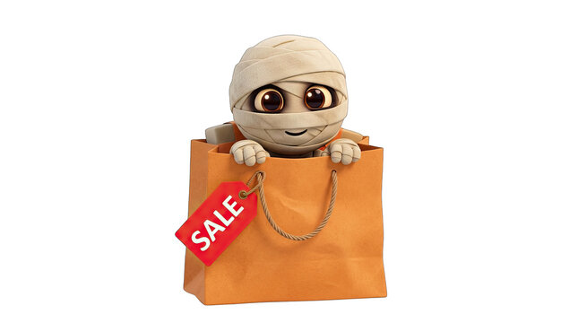 Cute cartoon mummy character inside a shopping bag for halloween sale isolated on transparent background