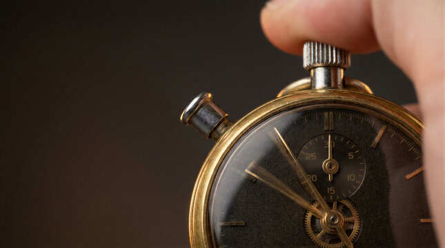 Hand pressing button on vintage metal stopwatch. Analog timer device for measuring time and precision. Concept of deadline, efficiency, countdown, business urgency and performance