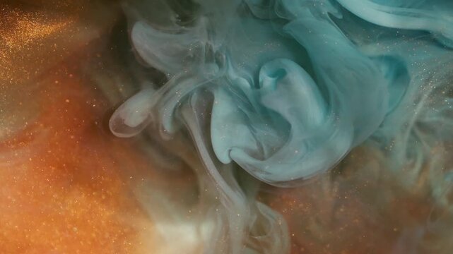 Blur cloud blend. Ink steam. Colorful smoke bokeh sparkling art curl explosion. Blue orange gray vapor mixing on abstract background.