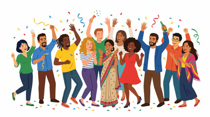 Obraz premium Celebration of Diversity: A vibrant group of people from various backgrounds joyfully celebrate together amidst a shower of confetti and streamers, embodying unity and happiness.
