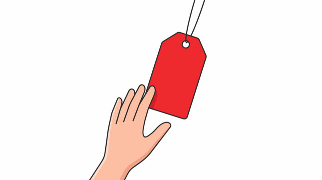 Hand Reaching for Red Price Tag: A person's hand reaches out towards a blank red price tag, symbolizing the pursuit of a bargain or a desired item.