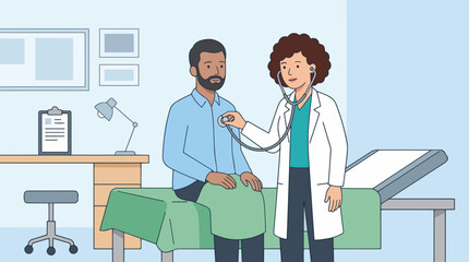 Obraz premium Doctor Examining Patient: A female doctor with a stethoscope listens to the heartbeat of a male patient sitting on an examination table in a doctor's office, illustrating a medical consultation.