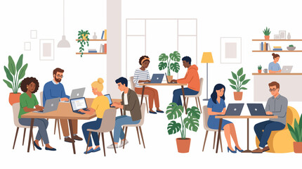 Fototapeta premium Co-working Space Vibes: A vibrant co-working space buzzes with activity as a diverse group of professionals work collaboratively on their laptops amidst lush indoor plants and modern decor.