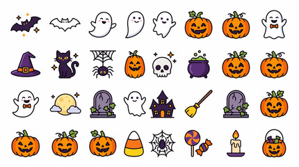 Fototapeta premium Halloween Icons Set: A vibrant collection of classic Halloween symbols, including pumpkins, ghosts, bats, witches' hats, spiders, and candy, perfect for festive designs.