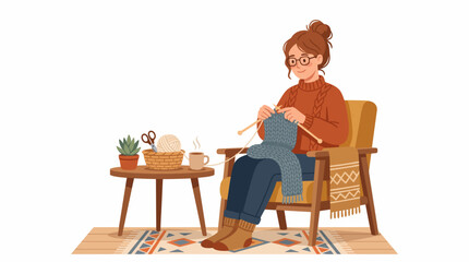 Fototapeta premium Cozy Knitter at Home: A woman with glasses and hair in a bun, wearing an orange sweater and cozy socks, sits in a comfortable armchair and knits a blue garment, with a basket of yarn.