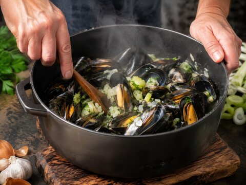 Muscheln rheinische Art werden dampfend im Topf zubereitet: H&auml;nde r&uuml;hren Miesmuscheln mit Gem&uuml;se und Kr&auml;utern um &ndash; traditioneller deutscher Klassiker der rheinischen K&uuml;che.