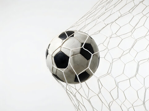 Soccer ball in the goal net isolated on white background, soccer, ball, football, goal, net, score, sport, game, match, competition, winning