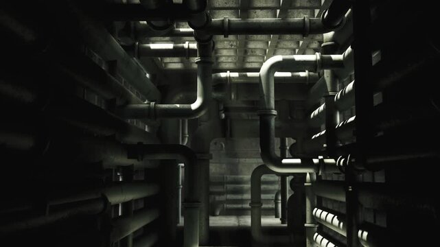 Complex overhead pipe labyrinth with intersecting ducts and valves, high contrast light, industrial rhythm, metallic texture and tight subterranean feeling