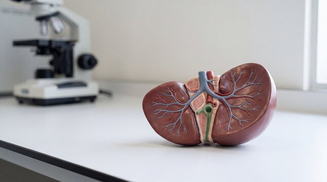 Anatomical model of kidney on white table in laboratory for education  
