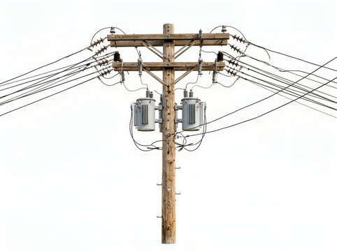 Utility pole with electrical transformers and power lines, isolated on white background, utility, pole, electricity, power, transformer, electric, lines, cables, infrastructure,