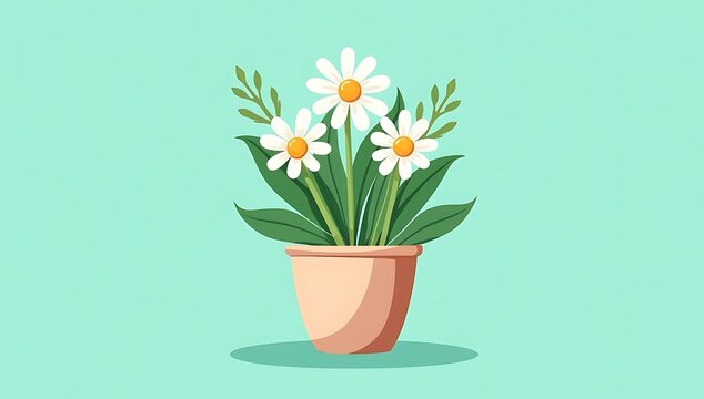 Cute white daisy flowers growing in a decorative ceramic pot on a textured mint green background
