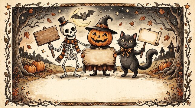 friendly skeleton pumpkin and cat holding signs on halloween night in enchanted forest
