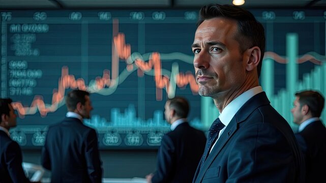 Man in suit stands before rising financial charts