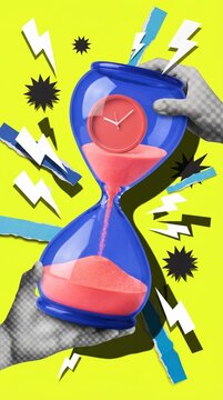 retro style collage of hands holding hourglass with clock on bright yellow background