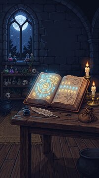 mystical spellbook in candlelit medieval room with potion shelves under moonlit window