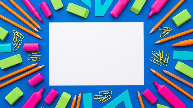 colorful stationery arrangement on blue background with empty white sheet for text