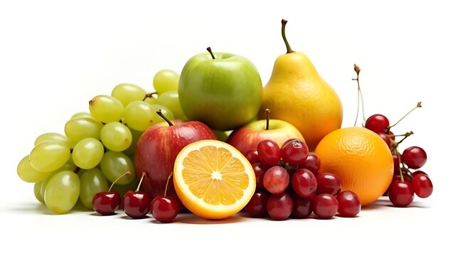 Fresh assorted fruits including green grapes red apples orange pear and ripe cherries