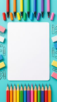 blank white paper surrounded by colorful stationery on a bright turquoise background